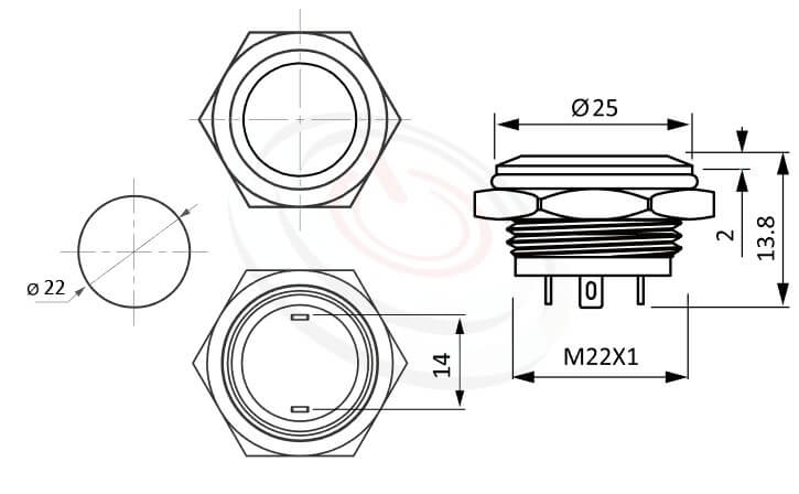 MP22T-2MF Series概略尺寸圖,標示薄、扁、短,平柄,防水按鍵押扣按鈕的外型長度,thin type,平頭,1NO常開接點 防塵防水防化學腐蝕,同等於GQ22,pbm22,cmp,bpb,KPB22,MPB22,MPS22,MW22,HK22B,HKYB22B,mp22n,ft-22,J22,EJ22,lb22b,qn22金屬按鈕按鍵,材質-鋁合金,不鏽鋼,黃銅