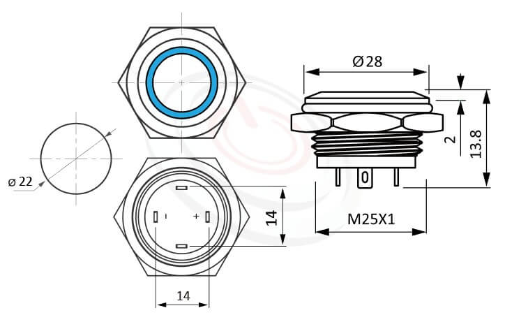 MP22T-4MF Series概略尺寸圖,標示極短款照光式金屬按鈕的外型長度,thin type,平圓型,1NO，內建LED限流電阻的外型長度,常開接點 防水、防塵、耐腐蝕,可對應J22,EJ22,GQ22,KPB22,MPB22,MPS22,MW22,HK22B,HKYB22B,pbm22,cmp,bpb,mp22n,ft-22,lb22b,qn22平頭,材質-SUS不鏽鋼,黃銅,鋁殼