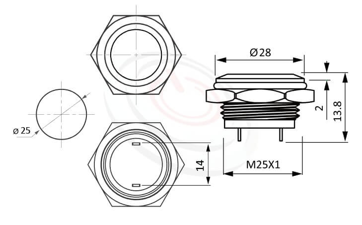 MP25T-2MF Series概略尺寸圖,標示短款超薄型防水金屬按鈕,電源金屬按鍵的外型長度,薄、扁、短,平柄,1NO 防水、防破壞、耐腐蝕,對照於pbm25,cmp,bpb,mp25n,KPB25,MPB25,MPS25,MW25,HK25B,HKYB25B,ft-25,GQ25,J25,EJ25,lb25b,qn25金屬電源開關,材質-SUS,鋁合金,金屬外殼