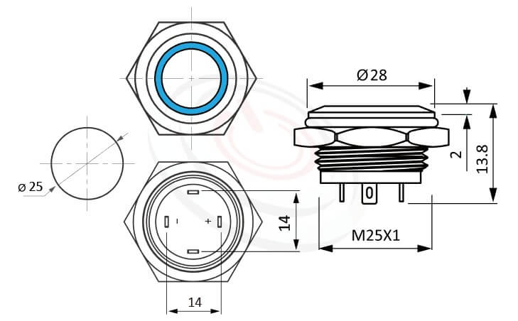 MP25T-4MF Series概略尺寸圖,標示LED照光金屬開關,無極性,正反都可接的外型長度,超短,平面,1NO防水、防破壞、耐腐蝕,可對照pbm25,cmp,bpb,GQ25,mp25n,KPB25,MPB25,MPS25,MW25,HK25B,HKYB25B,ft-25,lb25b,qn25,J25,EJ25平面,材質-黃銅鍍鎳,不鏽鋼,鋁合金