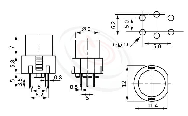 PB-210系列 尺寸圖 LED輕觸開關LED Tact Switch ,12X11.4 圓形帽蓋 ,尺寸 12X12 , 版上高度12.8mm ,圓形鍵帽,立式,DIP ,小型帶燈