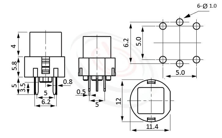 PB-211系列 尺寸圖 帶燈按鈕開關LED Pushbutton Switch ,12X11.4 方形帽蓋 ,尺寸 12X12 , 版上高度9.8mm ,方形鍵帽,立式,DIP ,小型帶燈