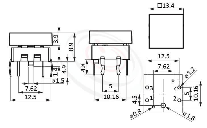 PB-212+CAP系列 尺寸圖 帶燈開關 Illuminated Pushbuttons ,13.4X13.4正方形帽蓋 ,尺寸 13.4X13.4 , 版上高度8.9mm ,方形鍵帽,立式,DIP ,全平面照光,另有色蓋可搭配
