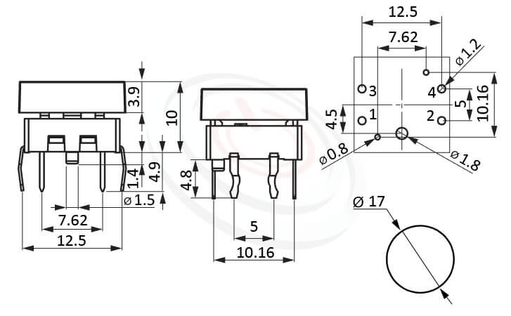 PB-215+CAP系列 尺寸圖 帶燈開關 Illuminated Pushbuttons ,Φ17 帽蓋 17mm鍵帽 ,尺寸 Φ17鍵帽 17mm帽蓋, 版上高度10mm ,圓形鍵帽,立式,DIP ,全平面照光,另有色蓋可搭配