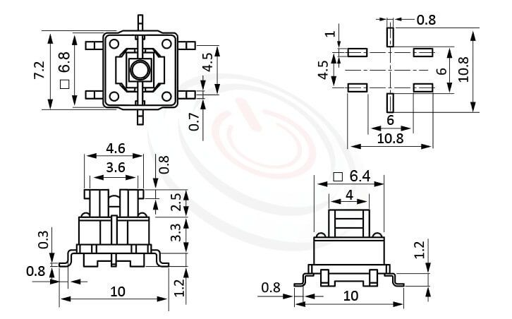 PB-414系列 尺寸圖 帶燈開關 Illuminated Pushbuttons ,4x3.6 按鍵面 ,尺寸 6.8X6.8 ,版上高度7mm ,無鍵帽,立式,SMD ,可搭配帽蓋