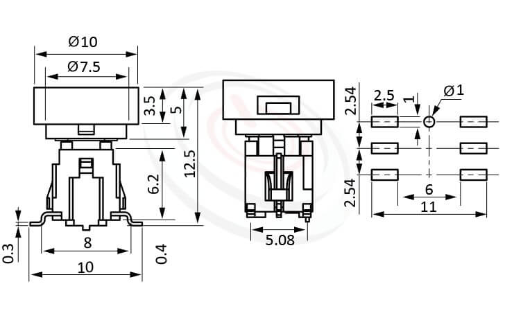 PB-415-1T系列 尺寸圖 帶燈輕觸按鈕開關Illuminated Push Button ,Φ10 帽蓋 10mm鍵帽 ,尺寸 6X6 ,版上高度12.5mm ,圓形鍵帽,立式,SMD ,帶燈圓形帽蓋