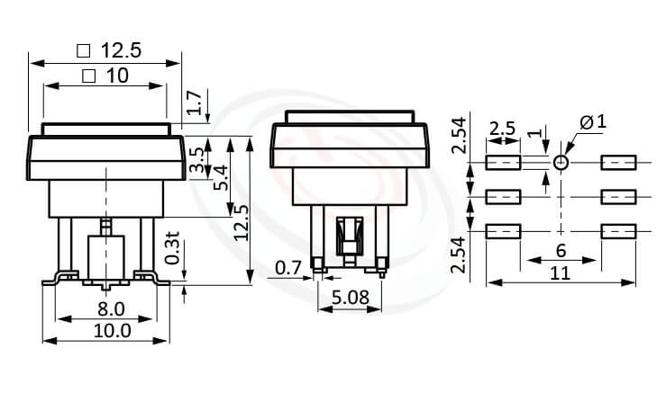 PB-415-441B系列 尺寸圖 帶燈輕觸開關LED Tact Switch ,12.5X12.5正方形帽蓋框,10X10正方形按鍵面 ,尺寸 6X6 ,版上高度12.5mm ,方形鍵帽,立式,SMD ,帶燈方形帽蓋