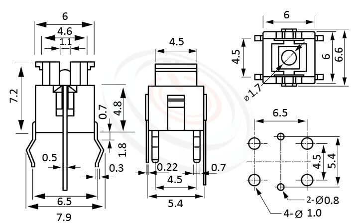 PB-506系列 尺寸圖 帶燈開關 Illuminated Pushbuttons ,6x4.5 按鍵面 ,尺寸 6x6,版上高度7.2mm ,無鍵帽,立式,DIP ,可搭配帽蓋