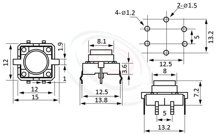 PB-512系列 尺寸圖 帶燈輕觸按鈕開關Illuminated Push Button ,Φ8 按鍵面 ,尺寸 12x12,版上高度7.2mm ,圓形按柄,立式,DIP ,帶燈圓形帽蓋