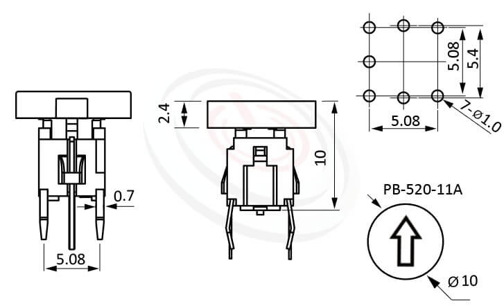 PB-520-11A系列 尺寸圖 LED輕觸開關LED Tact Switch ,双色雙色輕觸開關LED tact switch，紅藍雙色LED，紅綠雙色LED，輕觸LED按鈕,Φ10 帽蓋 10mm鍵帽 ,尺寸 Φ10鍵帽 10mm帽蓋, 6x6,版上高度10mm ,圓形鍵帽,立式,DIP ,7PIN,layout 5.08,5.4