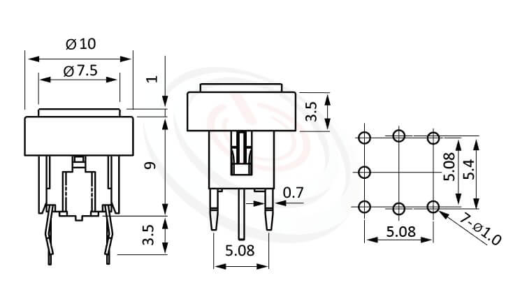 PB-520-243B系列 尺寸圖 LED輕觸開關LED Tact Switch ,Φ10 帽蓋框,Φ7.5按鍵面 ,尺寸 6x6,版上高度10mm ,圓形鍵帽加框,立式,DIP ,7PIN,layout 5.08,5.4