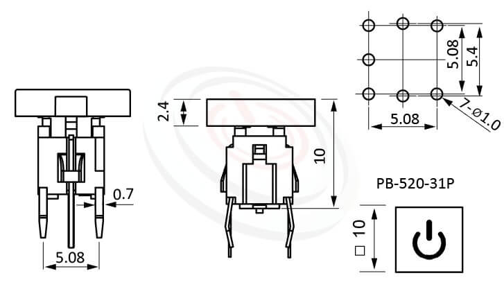 PB-520-31P系列 尺寸圖 輕觸帶燈開關Illuminated Switch ,10x10 正方形鍵帽 ,尺寸 10mm正方型帽蓋, 6x6,版上高度10mm ,方形鍵帽,立式,DIP ,7PIN,layout 5.08,5.4