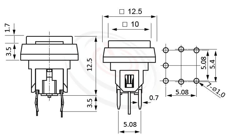 PB-520-3T1B系列 尺寸圖 帶燈輕觸按鈕開關Illuminated Push Button ,12.5x12.5 正方形鍵帽 ,尺寸 6x6,版上高度12.5mm ,方形鍵帽加框,立式,DIP ,7PIN,layout 5.08,5.4