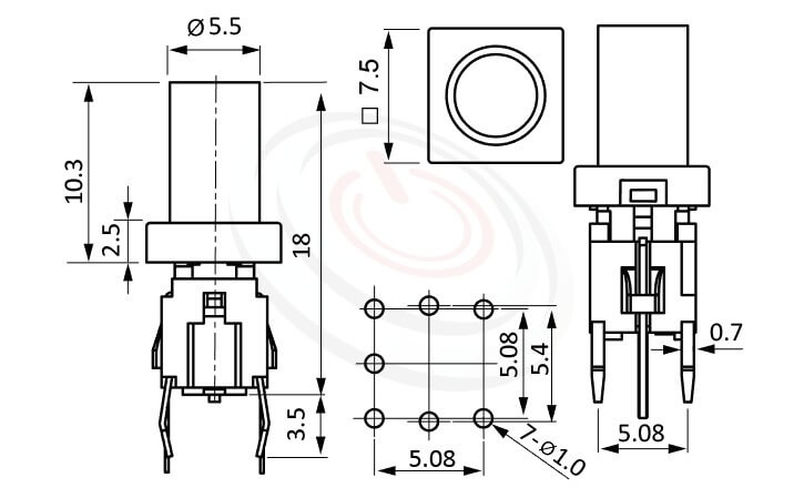 PB-520-61R系列 尺寸圖 輕觸帶燈開關Illuminated Switch ,10.3長鍵帽, 圓柱形長帽蓋 ,尺寸 6x6,版上高度18mm ,圓柱形長鍵帽,立式,DIP ,7PIN,layout 5.08,5.4