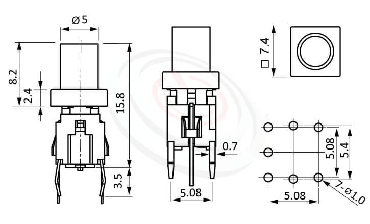 PB-520-64系列 尺寸圖 帶燈輕觸開關LED Tact Switch ,8.2長鍵帽, 圓柱形帽蓋 ,尺寸 6x6,版上高度15.8mm ,圓柱形鍵帽,立式,DIP ,7PIN,layout 5.08,5.4