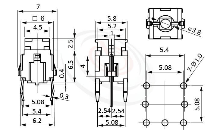 PB-520系列 尺寸圖 帶燈輕觸開關LED Tact Switch ,5.8x4.5 按鍵面 ,双色雙色輕觸開關LED tact switch,紅藍雙色LED,紅綠雙色LED,輕觸LED按鈕,尺寸 6x6,版上高度9.5mm ,無鍵帽,立式,DIP ,7PIN,layout 5.08,5.4