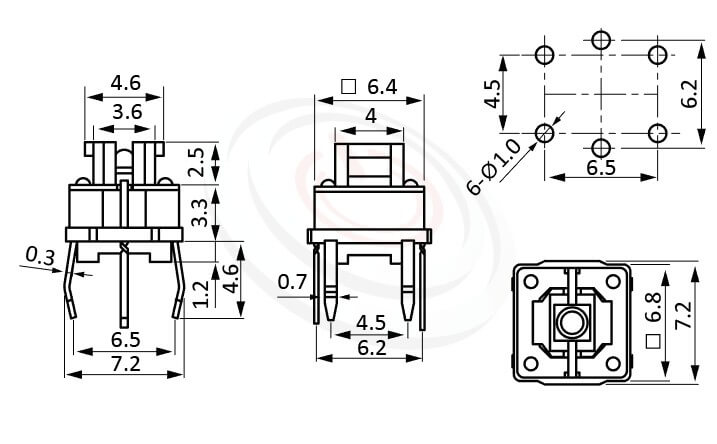 PB-572系列 尺寸圖 帶燈開關 Illuminated Pushbuttons ,4x4.6 按鍵面 ,尺寸 6.8x6.8,版上高度7mm ,無鍵帽,立式,DIP ,6PIN