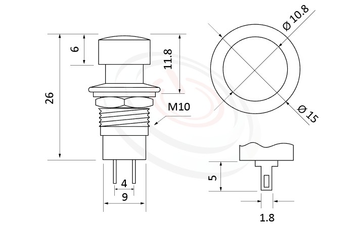 PS-001系列 尺寸圖, 尺寸: 總長度31mm,按鈕開關Push Button Switch ,OFF-(ON),SPST,1P1T迴路,總長度31mm ,圓形, 螺母固定 ,復歸/無鎖/回彈/無段