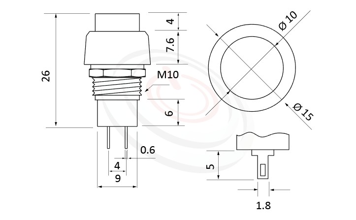 PS-002系列 尺寸圖, 尺寸: 總長度31mm,復歸按鈕開關Momentary Push button Switch,OFF-(ON),SPST,1P1T迴路,總長度31mm ,圓形, 螺母固定 ,復歸/無鎖/回彈/無段