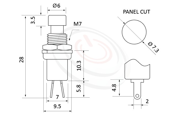 PS-003系列 尺寸圖, 尺寸: 總長度28mm,塑膠按鈕開關Push button ,OFF-(ON),SPST,1P1T迴路,總長度28mm ,圓形, 螺母固定 ,復歸/無鎖/回彈/無段