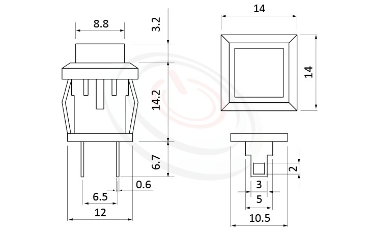 PS-101系列 尺寸圖, 尺寸: 總長度24mm,按鍵開關Push Switch ,OFF-(ON),SPST,1P1T迴路,總長度24mm ,方形,卡式,焊線 ,復歸/無鎖/回彈/無段