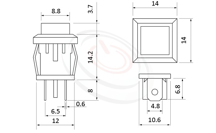 PS-102系列 尺寸圖, 尺寸: 總長度26mm,按鈕開關Push Button Switch ,OFF-(ON),SPST,1P1T迴路,總長度26mm ,方形,卡式,焊線 ,復歸/無鎖/回彈/無段