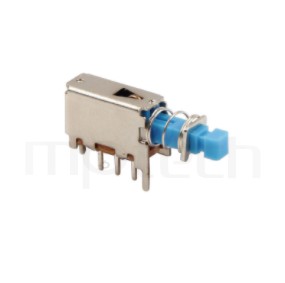 PS-12E05 系列-按鍵開關Push Switch,90度側按,DIP插版,電源開關,水平臥式,自鎖/無鎖,有段/無段 ,SPDT,1P2T迴路 ,總長度22, 版上高度8.3mm