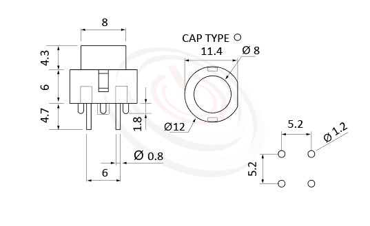 PS-202系列 尺寸圖, 尺寸: 版上高度10mm,復歸按鈕開關Momentary Push button Switch,OFF-(ON),SPST,1P1T迴路,版上高度10mm ,圓形,DIP插版 ,小型按鈕,復歸/無鎖/回彈/無段