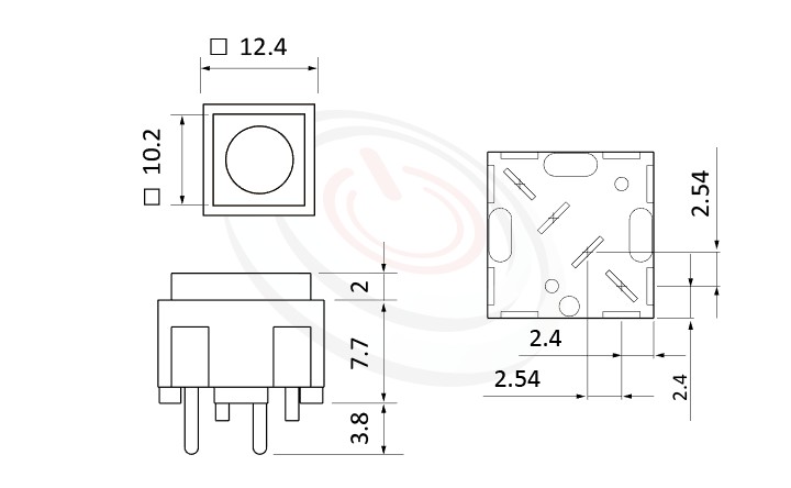 PS-203系列 尺寸圖, 尺寸: 12x12 版上高度10mm,按鈕開關Push button Switch,OFF-(ON),SPST,1P1T迴路,12x12 版上高度10mm ,方形,DIP PCB插版 ,小型按鈕,復歸/無鎖/回彈/無段