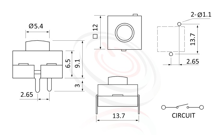PS-212系列 尺寸圖, 尺寸: 12x12 版上高度9mm,按鈕開關Push button Switch,ON-OFF 循環迴路,12x12 版上高度9mm ,圓形按柄,方形本體,DIP插版 ,手電筒電源開關,多段多檔