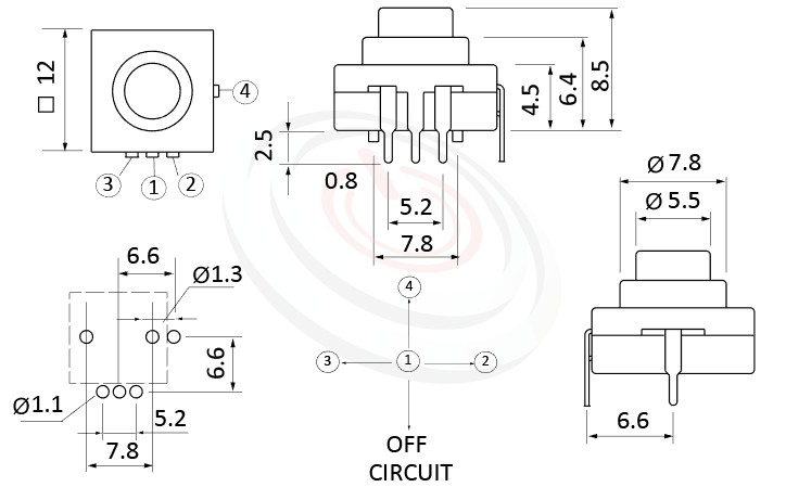 PS-214系列 尺寸圖, 尺寸: 12x12 版上高度9mm,按鈕開關Push Button Switch ,ON-ON-ON-OFF 循環迴路,12x12 版上高度9mm ,圓形按柄,方形本體,DIP插版 ,手電筒電源開關,多段多檔