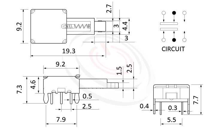 PS-22E02系列 尺寸圖, 尺寸: 總長度19, 版上高度5mm, 極低高度,low profile,按鍵開關Push Switch ,DPDT,2P2T迴路,總長度19, 版上高度5mm ,90度側按,DIP插版 ,電源開關,水平臥式,自鎖/無鎖,有段/無段