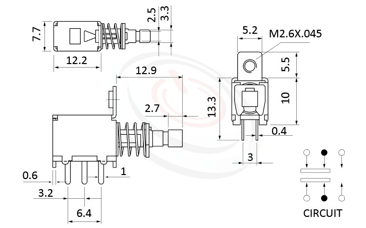 PS-22F05系列 尺寸圖, 尺寸: 總長度25, 版上高度15mm,按鍵開關Push Switch ,DPDT,2P2T迴路,總長度25, 版上高度15mm ,90度側按,DIP插版,螺絲固定孔 ,電源開關,水平臥式,自鎖/無鎖,有段/無段