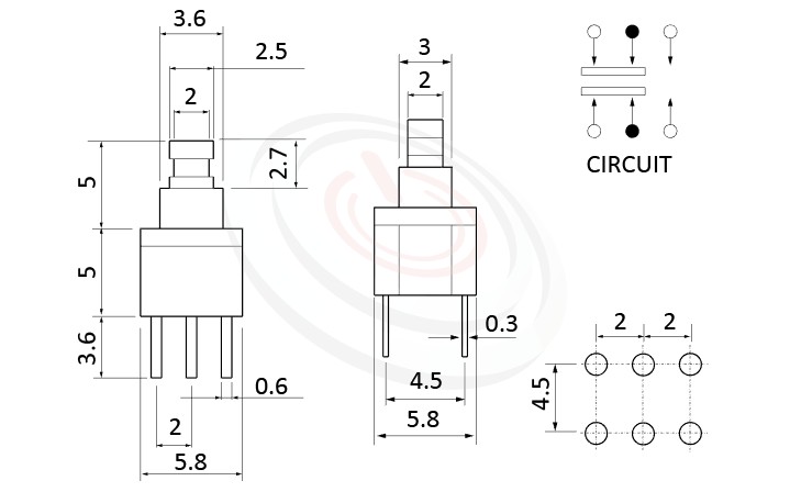 PS-258系列 尺寸圖, 尺寸: 5.8x5.8 版上高度10mm,塑膠按鈕開關Push button ,DPDT,2P2T迴路,5.8x5.8 版上高度10mm ,方形,DIP插版 ,電源開關,垂直立式,自鎖/無鎖,有段/無段