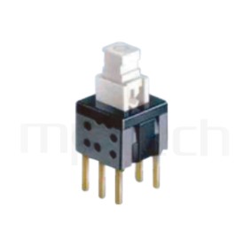 PS-258 系列-自鎖按鈕開關Push button ,方形,DIP插版,電源開關,垂直立式,自鎖/無鎖,有段/無段 ,DPDT,2P2T迴路 ,5.8x5.8 版上高度10mm