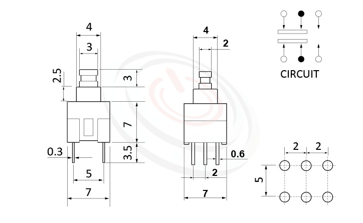 PS-277系列 尺寸圖, 尺寸: 7x7 版上高度12.5mm,塑膠按鈕開關Push button ,DPDT,2P2T迴路,7x7 版上高度12.5mm ,方形,DIP插版 ,電源開關,垂直立式,自鎖/無鎖,有段/無段