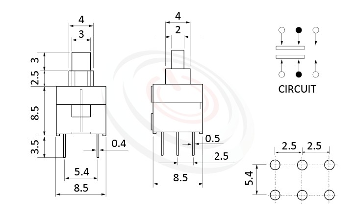 PS-285系列 尺寸圖, 尺寸: 8.5x8.5 版上高度14mm,按鈕開關Push Switch ,DPDT,2P2T迴路,8.5x8.5 版上高度14mm ,方形,DIP插版 ,電源開關,垂直立式,自鎖/無鎖,有段/無段