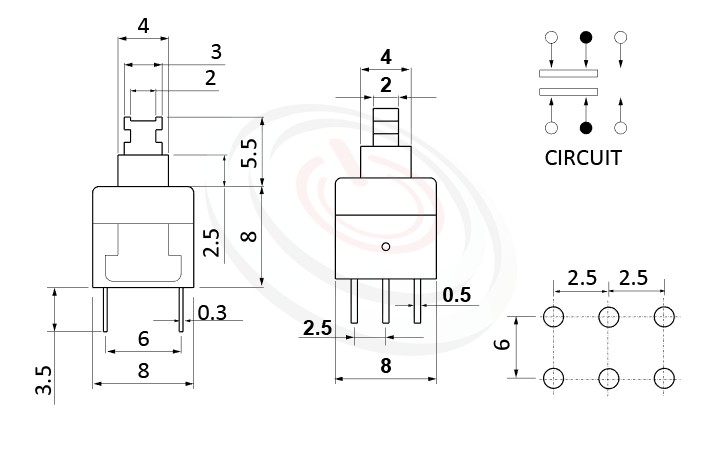 PS-288系列 尺寸圖, 尺寸: 8x8 版上高度13.5mm,按鍵開關Push Switch ,DPDT,2P2T迴路,8x8 版上高度13.5mm ,方形,DIP插版 ,電源開關,垂直立式,自鎖/無鎖,有段/無段