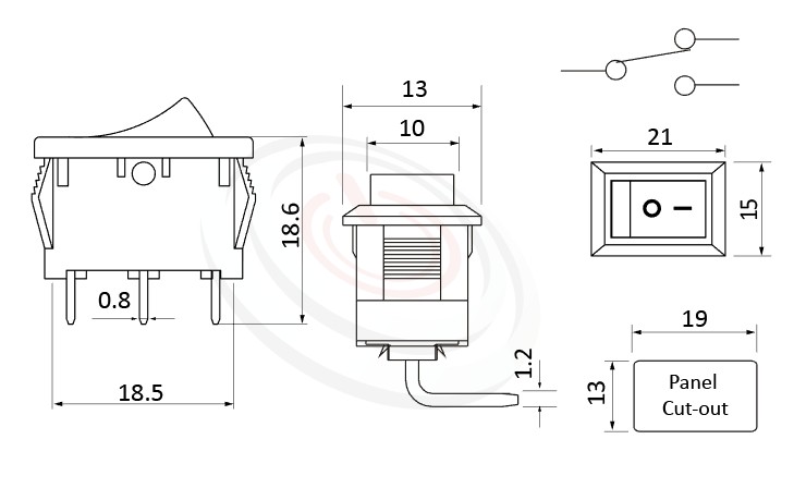 RS-601-10231NBB 尺寸圖, 面板尺寸21x15mm,90度彎腳,翹板開關Rocker Switch ,6A 250VAC, 10A 125VAC,ON-ON ,SPDT,1P2T