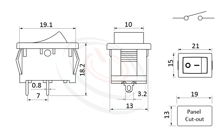 RS-601A-10121NBB 尺寸圖, 面板尺寸21x15mm,船型開關Rocker Switch ,6A 250VAC, 10A 125VAC,ON-OFF ,SPST,1P1T