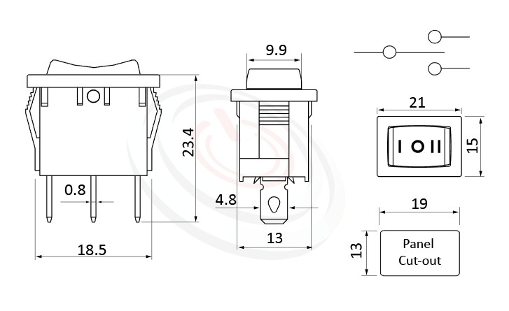 RS-601B-10314NBB 尺寸圖, 面板尺寸21x15mm,洛克開關Rocker Switch ,6A 250VAC, 10A 125VAC,ON-OFF-ON ,SPDT,1P2T