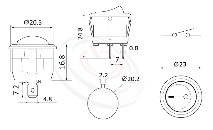 RS-601C-10111NBB 尺寸圖, 面板尺寸23mm,圓形翹板開關Rocker Switch ,6A 250VAC, 10A 125VAC,ON-OFF ,SPST,1P1T