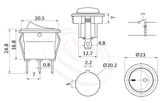 RS-601C1-10111LRB 尺寸圖, 面板尺寸23mm,圓形翹板開關,船型開關Rocker Switch ,6A 250VAC, 10A 125VAC,ON-OFF ,SPST,1P1T
