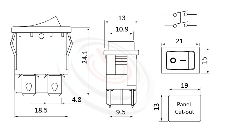 RS-601D-20111NBB 尺寸圖, 面板尺寸21x15mm,翹板開關Rocker Switch ,6A 250VAC, 10A 125VAC,ON-OFF ,DPST,2P1T