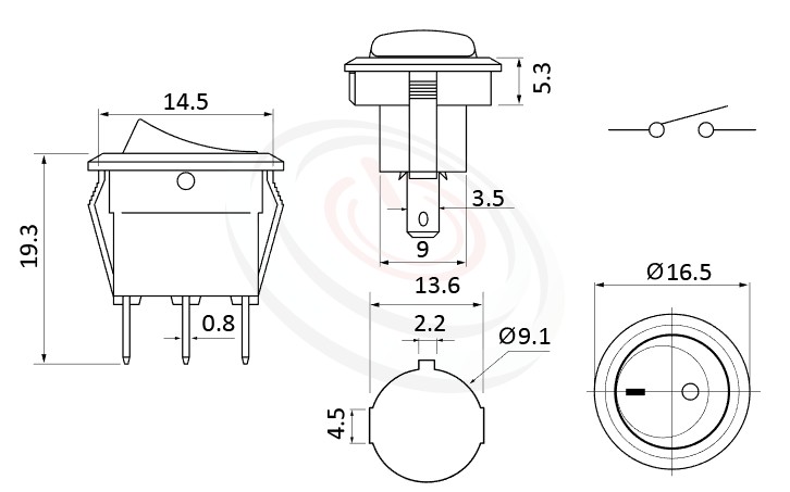 RS-601H2-10161NBB 尺寸圖, 面板尺寸16.5mm,圓形翹板,圓型船型開關Rocker Switch ,3A 250VAC, 6A 125VAC,ON-OFF ,SPST,1P1T