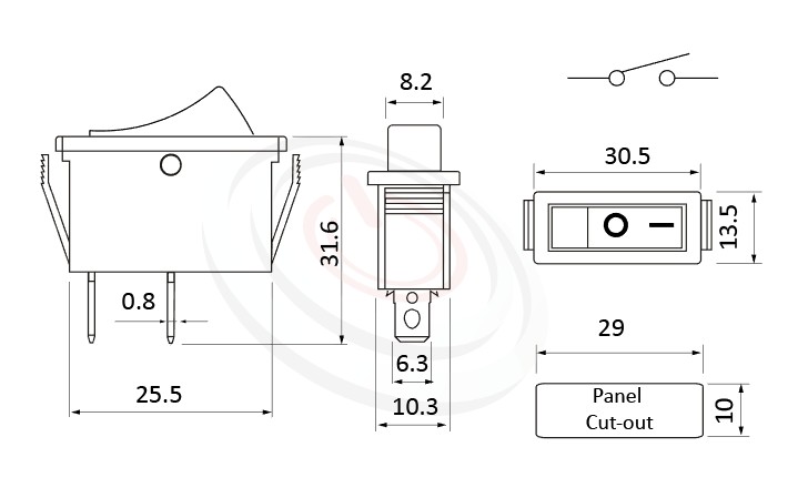 RS-606-10111NBB 尺寸圖, 面板尺寸30x13mm,洛克開關Rocker Switch ,16A 250VAC,ON-OFF ,SPST,1P1T