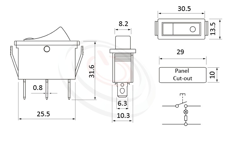 RS-606-10116LBB 尺寸圖, 面板尺寸30x13mm,翹板開關Rocker Switch ,16A 250VAC,ON-OFF ,SPST,1P1T