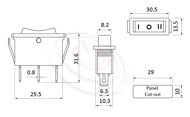RS-606-10314NBB 尺寸圖, 面板尺寸30x13mm,船型開關Rocker Switch ,16A 250VAC,ON-OFF-ON ,SPDT,1P2T
