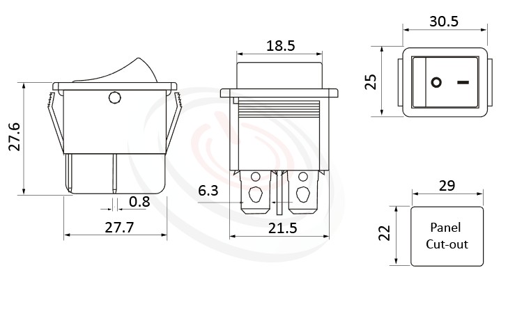 RS-606-20111LRB 尺寸圖, 面板尺寸30x25mm,翹板開關Rocker Switch ,16A 250VAC,ON-OFF ,DPST,2P1T