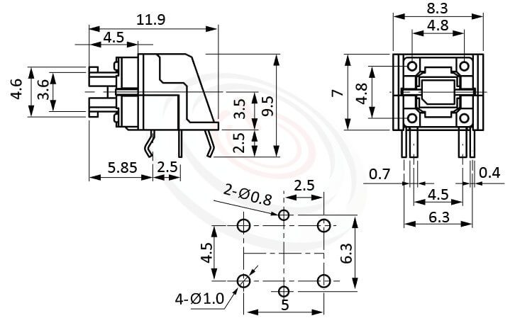 TRL-615TP系列 尺寸圖 帶燈按鈕開關LED Pushbutton Switch , ,尺寸 前後寬度12 , 版上高度7mm ,無鍵帽,臥式,90度側按,DIP ,底部平貼PCB易安裝